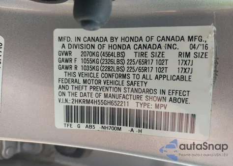 2016 Honda Cr-V Ex из США, поврежденный, VIN 2HKRM4H55GH652211